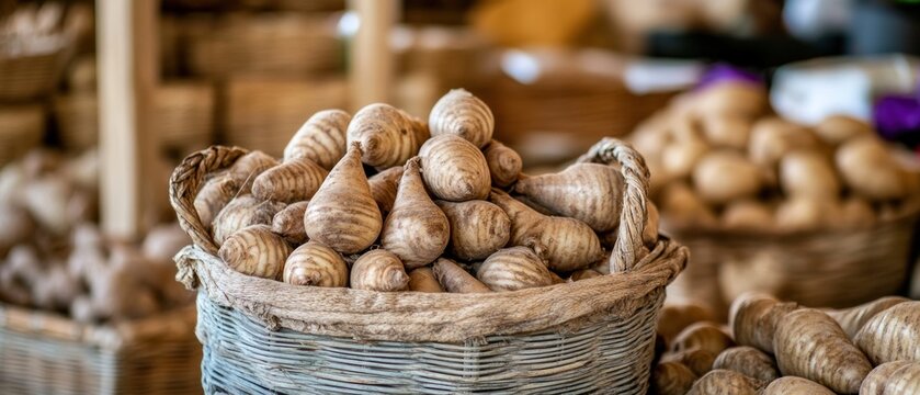 A Rustic Basket Filled with Freshly Harvested Yac?n Roots at a Farmers Market
