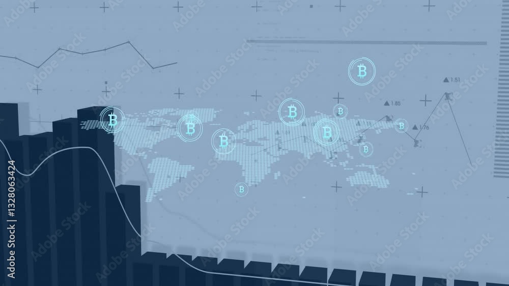 Poster financial graphs and data visualization with bitcoin symbols over world map