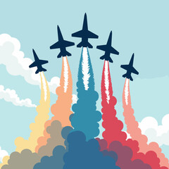 Military jets flying in formation with colorful smoke trails, airshow tribute