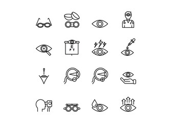 A set of icons for ophthalmology. The icons include eyeglasses, contact lenses, Eyeglasses, and eye Exams. Editable stroke. Vector illustration.	