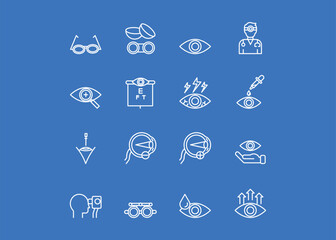 A set of icons for ophthalmology. The icons include eyeglasses, contact lenses, Eyeglasses, and eye Exams. Editable stroke. Vector illustration.