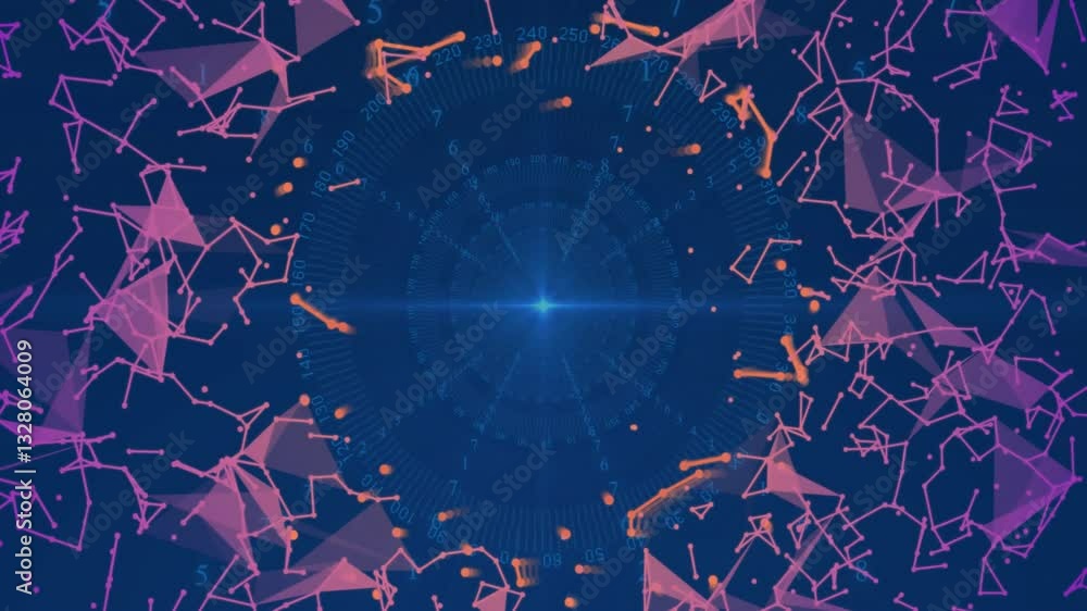Poster animation of abstract geometric shapes forming circular design on blue background