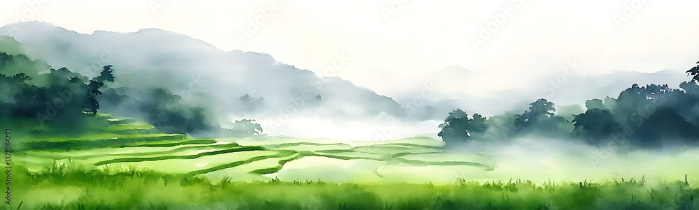 Poster lush green rice fields shrouded in mist create a serene and tranquil landscape.