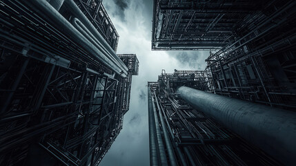 futuristic industrial plant with towering structures and intricate pipe systems under cloudy sky