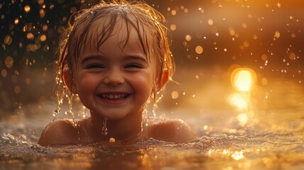 Fototapeta premium A smiling girl with wet hair splashes in golden water, surrounded by glowing sunset reflections and warm light