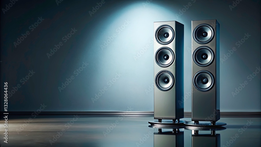Poster above shot of speaker stands with glass reflection effect on solid color backdrop for creative desig