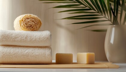 Indulge in a serene spa experience within the comfort of your own home with this inviting tableau, featuring plush towels, aromatic soap bars, and the gentle warmth of steam to melt away stress and