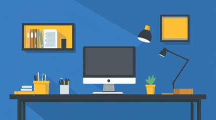 Modern Minimalist Home Office Workspace Setup with Computer, Desk Lamps, and Stylish Accessories