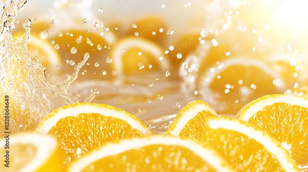 Poster fresh orange slices splashing in water, creating a vibrant and refreshing scene.