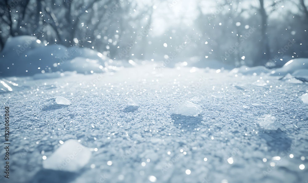Poster snowy pathway with sparkling snowflakes and a serene winter atmosphere.