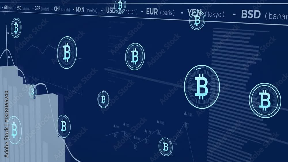 Poster animation of bitcoin symbols floating over digital financial data in school setting