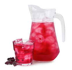 Delicious hibiscus tea with ice and dry roselle sepals isolated on white