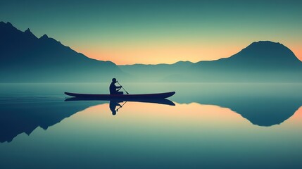 A lone kayaker paddles across a mirror-like lake at dusk, surrounded by misty mountains in the background