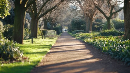 Fototapeta premium A quiet park pathway leads through neatly trimmed hedges and tall trees, creating a peaceful retreat