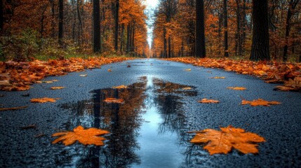 A quiet road lined with golden autumn trees, with wet leaves scattered across the pavement and a puddle reflecting the sky