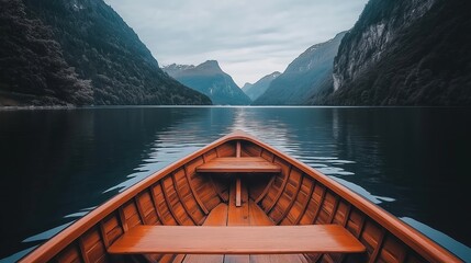 The bow of a wooden boat points toward towering mountain cliffs, as it glides through a still, deep blue fjord