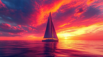A sailboat sails across the ocean beneath a sky ignited with brilliant shades of orange, red, and pink.