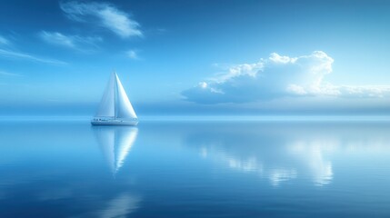 A white sailboat glides smoothly across a perfectly still ocean, reflecting the soft blue sky and clouds