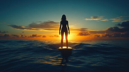 A surfer stands on a board, gazing at the setting sun over the open ocean. The golden light reflects off the water, creating a peaceful and surreal moment