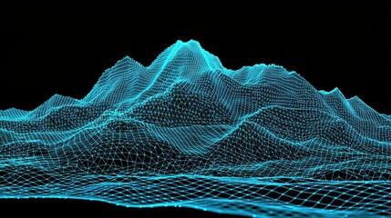 Abstract 3D Wireframe Landscape with Neon Blue Glow on Black Background