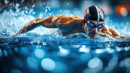 A determined swimmer propels forward in the water, droplets flying off in the intense motion. The shimmering reflections create an atmosphere of focus and endurance