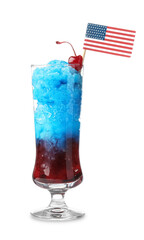 Tasty cocktail in glass with small paper flag of USA isolated on white