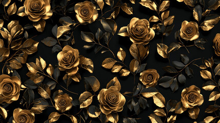 Golden roses and leaves pattern, generative AI