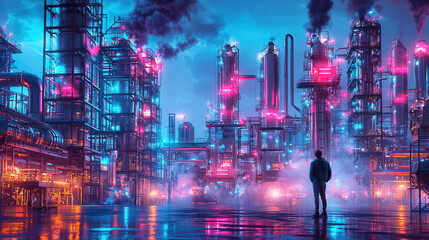 Fototapeta premium futuristic industrial facility illuminated by vibrant neon lights, with lone figure standing amidst glowing structures and smoke filled atmosphere
