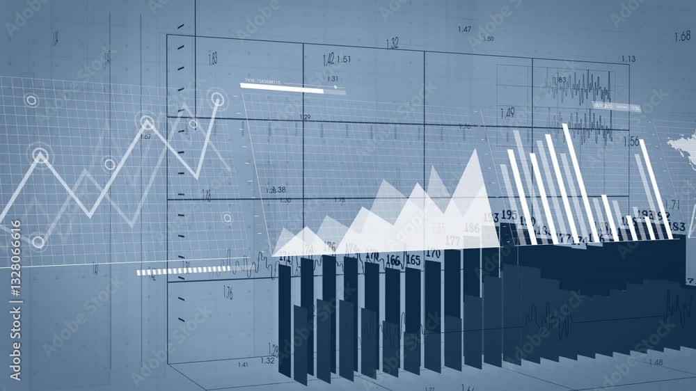 Poster animation of bar and line graphs over world map background for data visualization