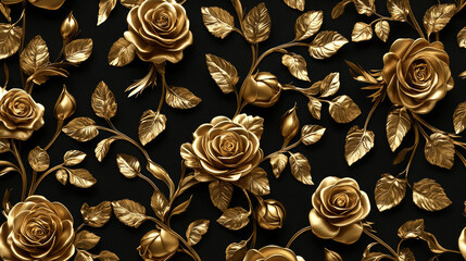 Golden roses and leaves pattern, generative AI