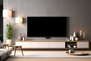 Modern living room interior with tv and cabinet. Wall mounted tv and wooden cabinet