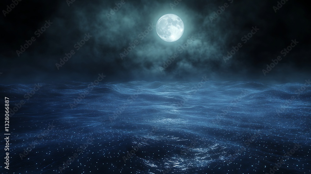 Poster moonlit ocean scene with dark clouds reflecting on the shimmering water surface.