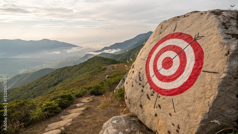 Poster a rock with a red and white target on it sits on a hillside