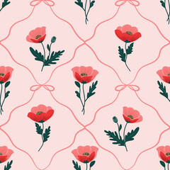Wzór bezszwowy w czerwone maki. Różowe dekoracyjne tło. © Monika