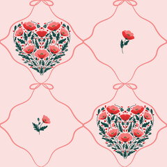 Wzór bezszwowy w czerwone maki. Różowe dekoracyjne tło. © Monika