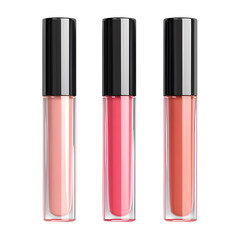 Set of Three Lip Gloss Tubes Isolated on Transparent Background.
