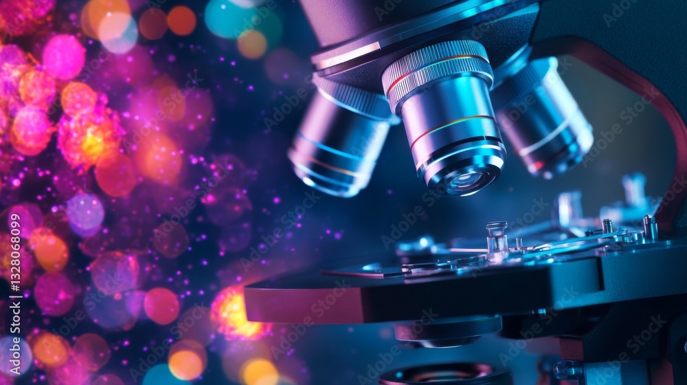 Poster closeup of a microscope with colorful bokeh background