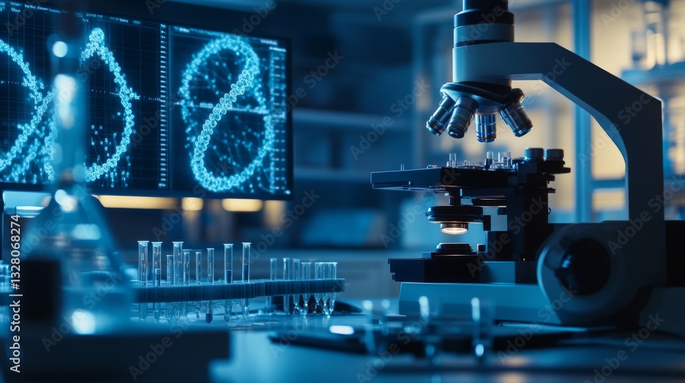 Poster microscope and dna data on computer screen in a modern laboratory