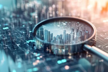 Magnifying Glass Over Urban Digital Cityscape with Data Patterns