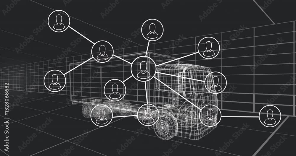 Poster network of connections and data processing animation over truck wireframe