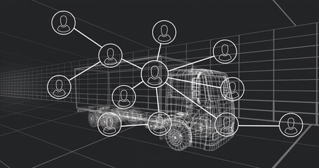 Network of connections and data processing animation over truck wireframe - Powered by Adobe