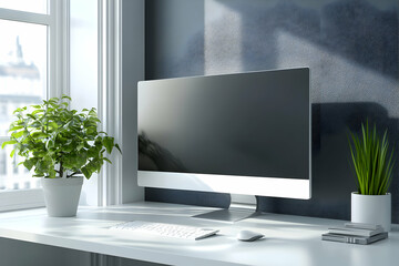 Fototapeta premium Aesthetic minimalist office space featuring a modern computer setup and serene plant life