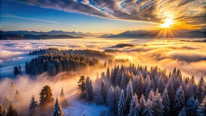 Obraz premium Enchanting foggy forest: a drone's-eye view of winter's misty embrace.