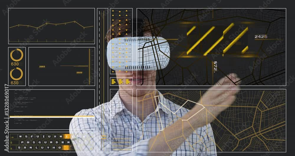Poster using virtual reality headset, person interacting with animation data in school
