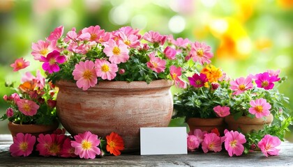 Bright Pink Flowers in Clay Pots on a Wood Table Outdoors