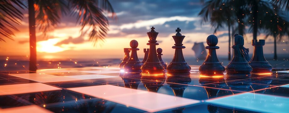 A vibrant sunset scene featuring a chess game on the beach, reflecting creativity and relaxation in leisure activities.