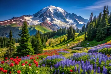 Naklejka premium Majestic Mt. Rainier Trail: Panoramic View from Mazama Ridge, Washington State National Park