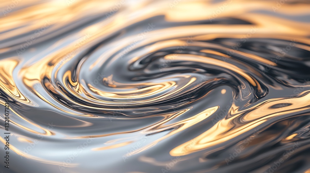 Poster swirling metallic liquid with golden highlights creates a mesmerizing abstract pattern.