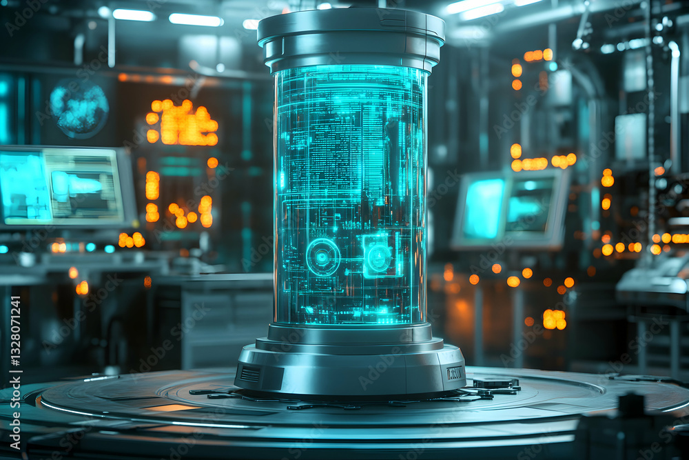 Poster futuristic metallic cylinder containing intricate glowing circuit patterns