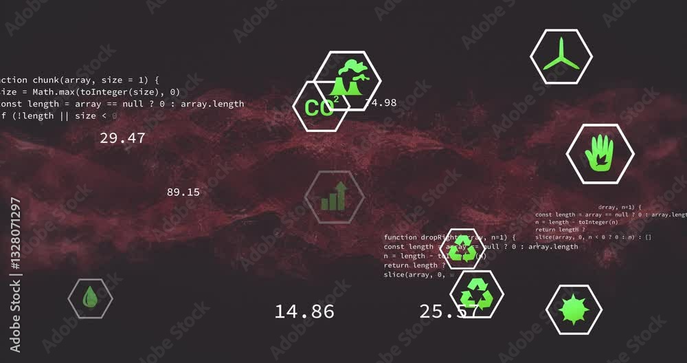 Poster animation of environmental icons with code snippets on red digital school background